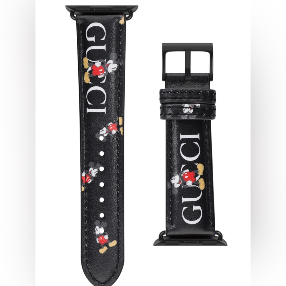 Black Leather Watch Strap with Mickey Mouse